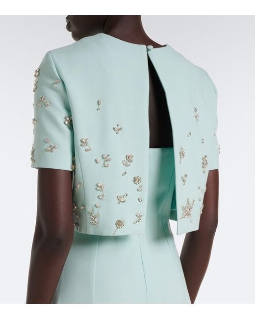 Oscar de la Renta Green Crystal-Embellished Wool-Blend Gown