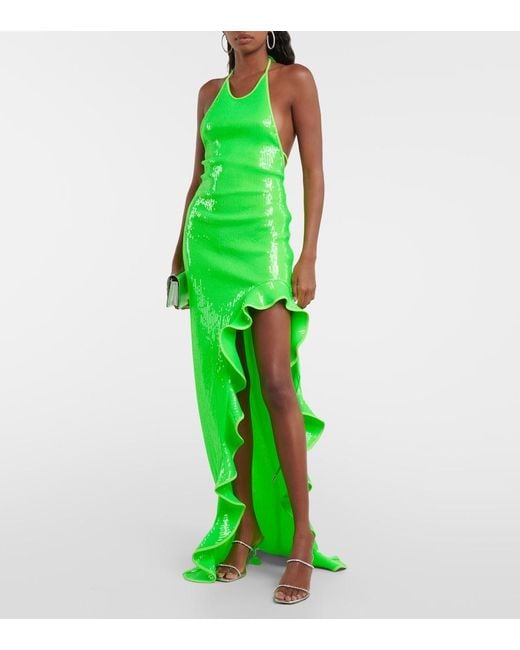 David Koma Green Sequined Halterneck Maxi Dress