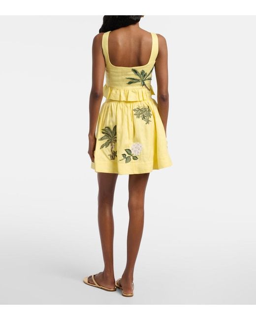 Agua Bendita Yellow Nori Floral-Applique Linen Miniskirt