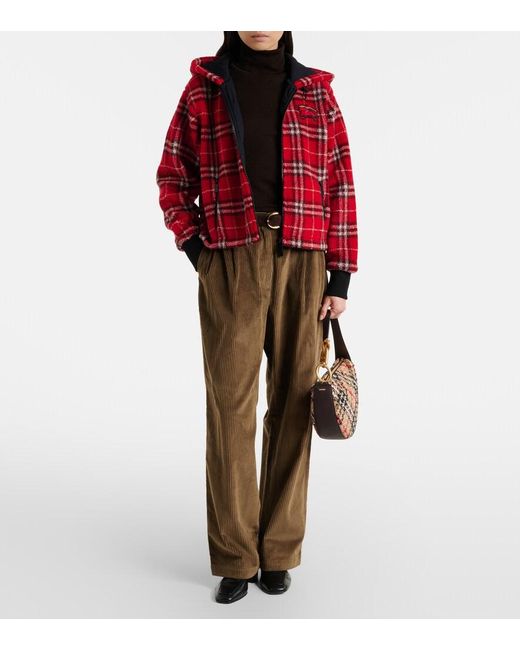 Burberry Red Cropped Check Fleece Hooded Jacket