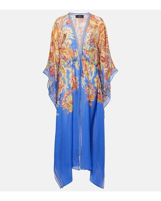 Etro Blue Printed Cotton And Silk Beach Cover-Up