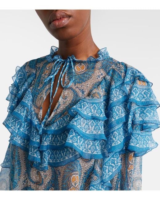 Etro Blue Paisley Ruffled Silk Blouse