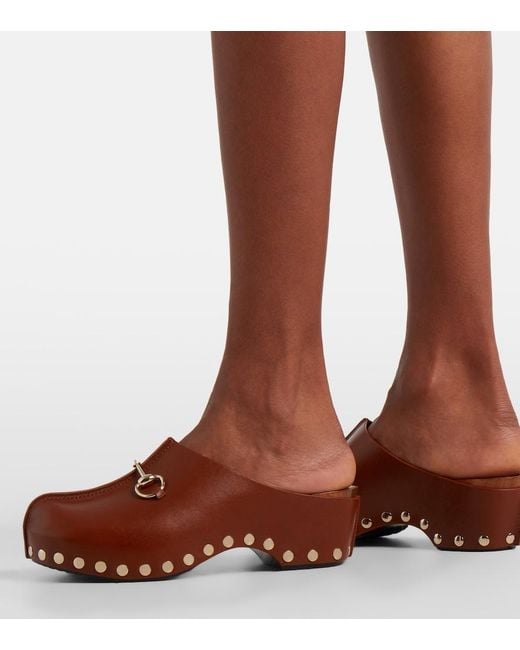 Gucci Brown Horsebit Studded Leather Platform Clogs