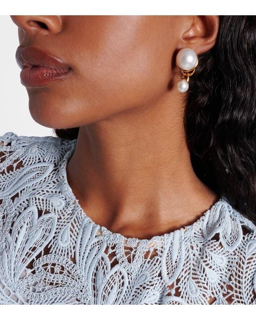 Oscar de la Renta White Faux Pearl Drop Earrings