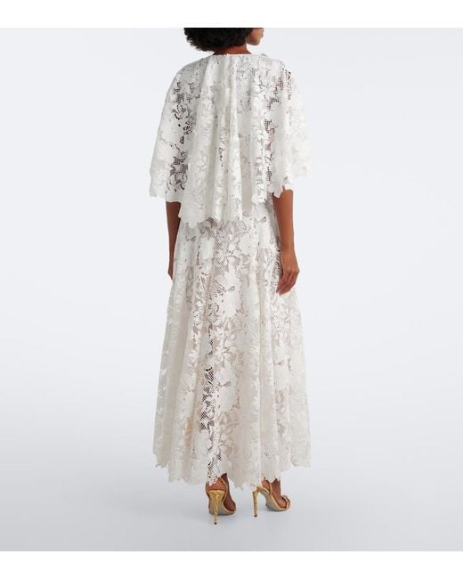 Oscar de la Renta White Caped Floral Guipure Lace Gown