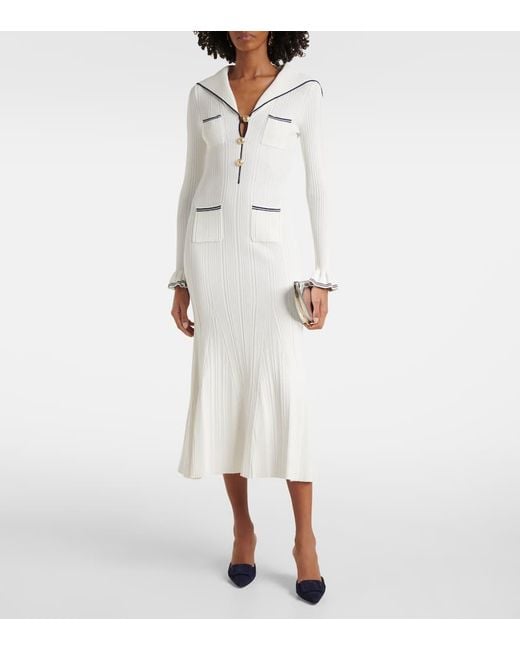Self-Portrait White Ribbed-Knit Midi Dress