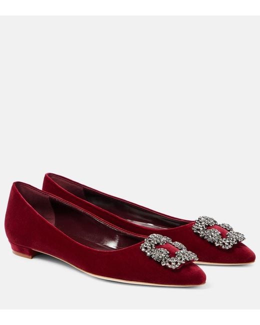 Manolo Blahnik Red Hangisi Embellished Velvet Ballet Flats
