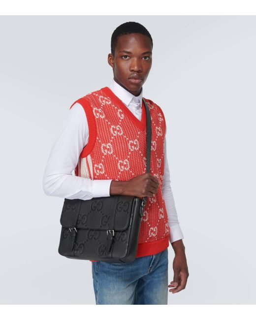 Gucci Jumbo GG Medium Leather Messenger Bag in Black for Men Lyst UK