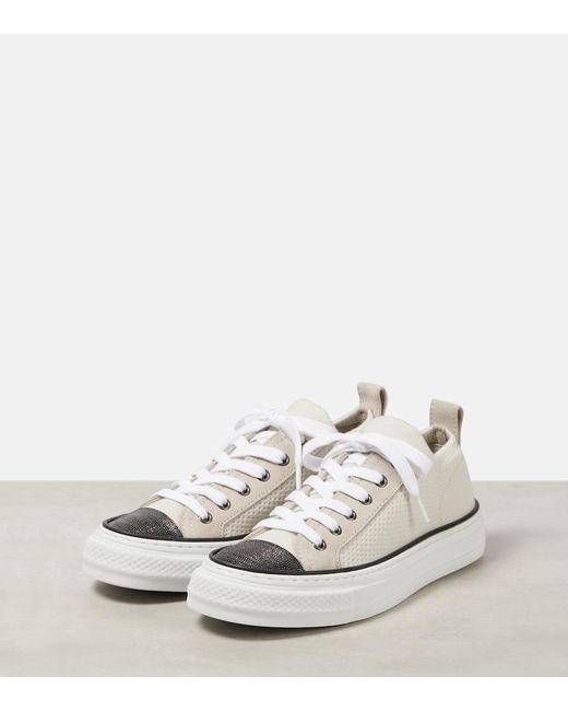 Brunello Cucinelli Natural Sneakers Aus Stretch-Strick Mit Velourslederbesätzen Und Zierperlen