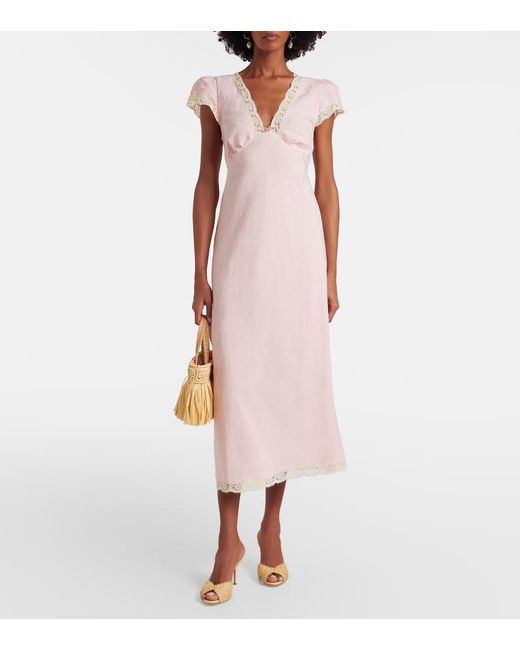 Rixo Pink Clarice Lace-Trimmed Linen-Blend Midi Dress