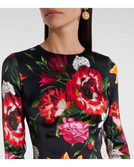 Abito Midi Con Stampa Floreale di Dolce & Gabbana in Red