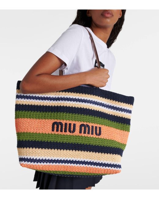 Miu Miu Black Logo Embroidered Striped Tote Bag