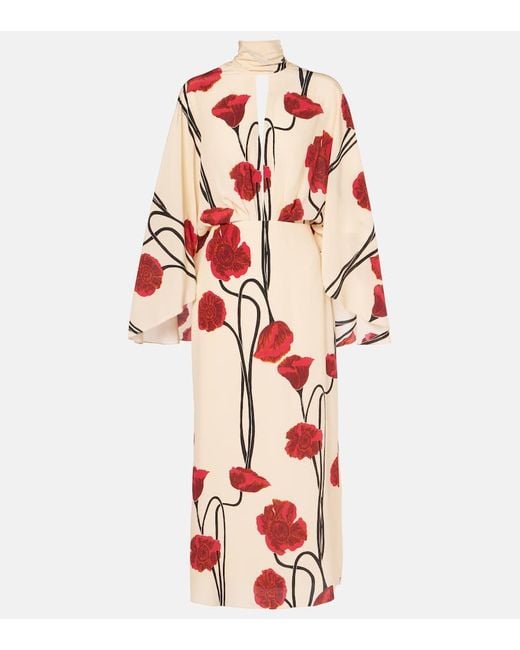 Johanna Ortiz Red Draped Floral Silk Maxi Dress