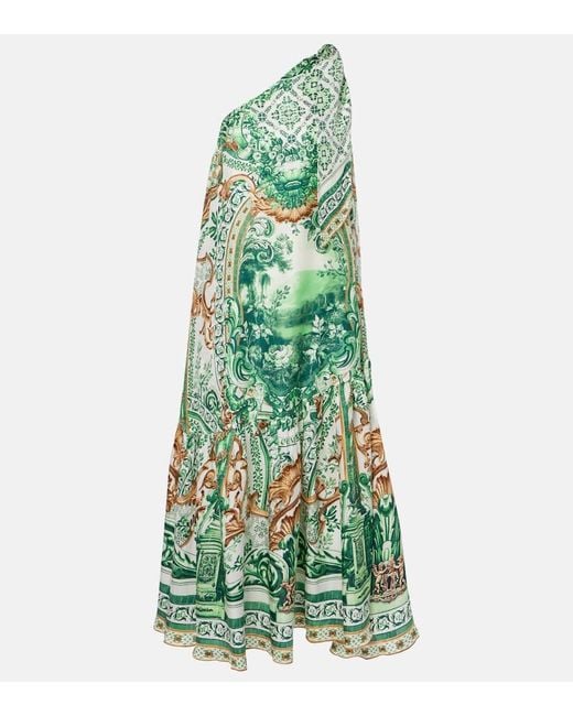 Camilla Green Printed One-Shoulder Silk Maxi Dress