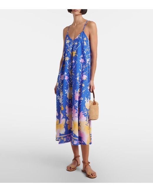 Juliet Dunn Blue Floral Cotton And Linen Midi Dress