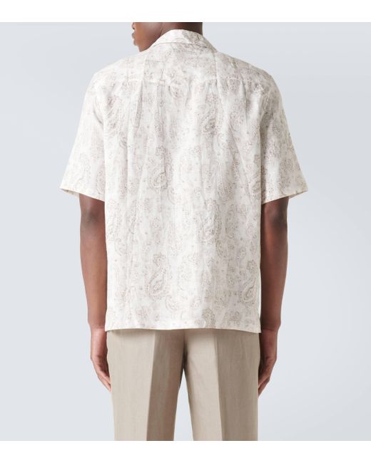 Brunello Cucinelli White Paisley Linen Bowling Shirt for men