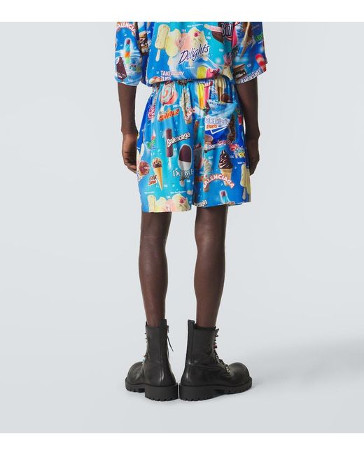 Balenciaga Blue Printed Satin Shorts for men