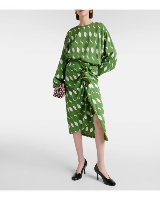 Dries Van Noten Green Silk-blend Midi Skirt