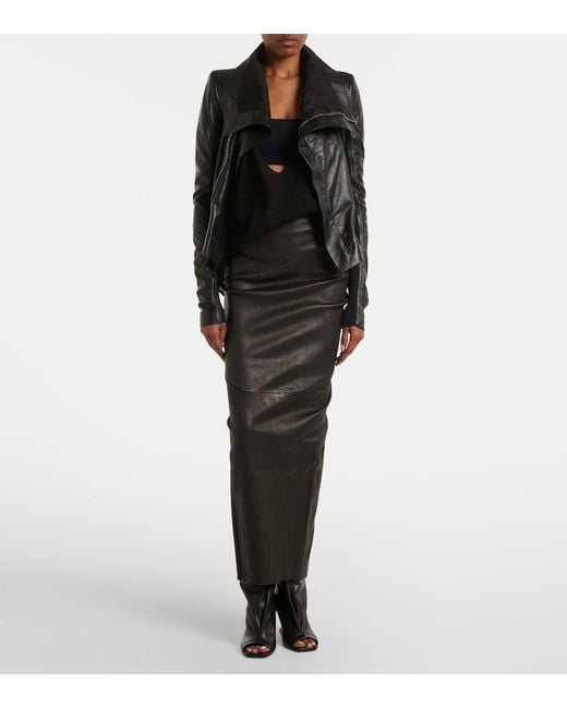 Rick Owens Black Dirt Pillar Leather And Cotton Midi Skirt
