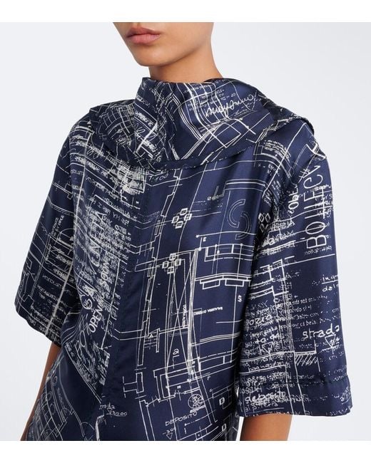 Bottega Veneta Blue Printed Silk Twill Midi Dress