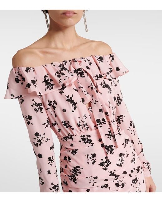 Alessandra Rich Pink Floral Off-Shoulder Silk Midi Dress