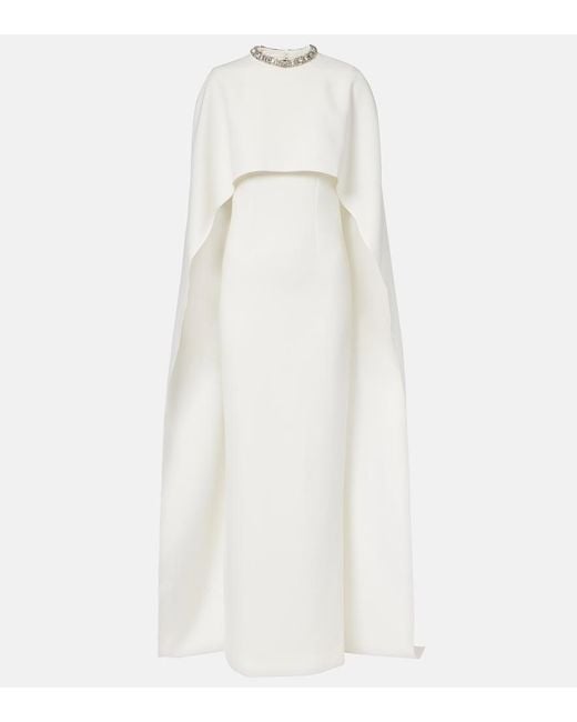 Roland Mouret White Crystal-Embellished Caped Crepe Gown