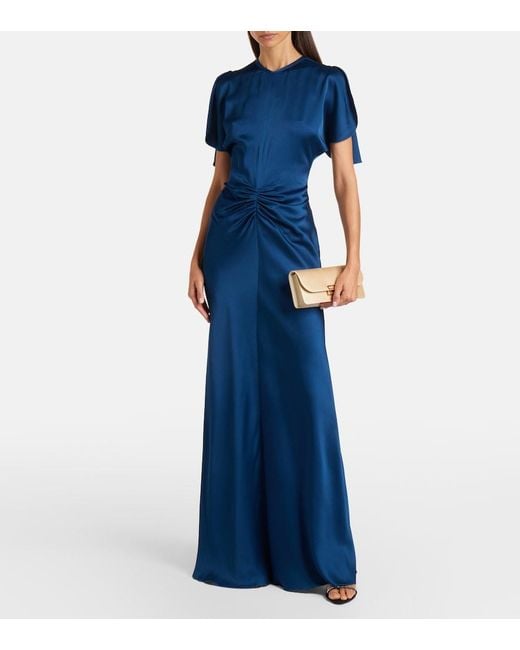 Victoria Beckham Blue Isabella Gathered Satin Gown