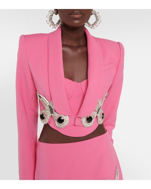 Area Pink Embellished Cropped Wool Blazer