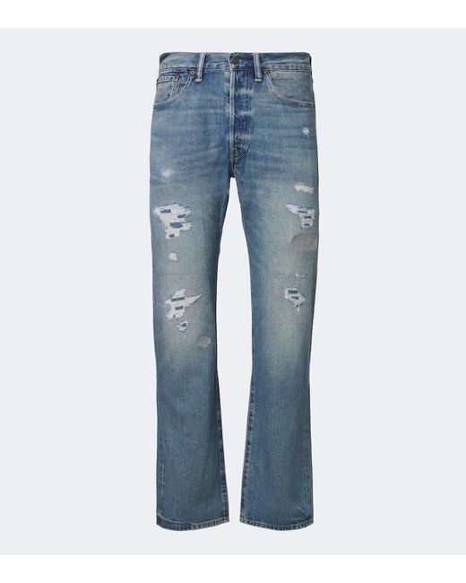RRL Blue Distressed Straight Jeans for men