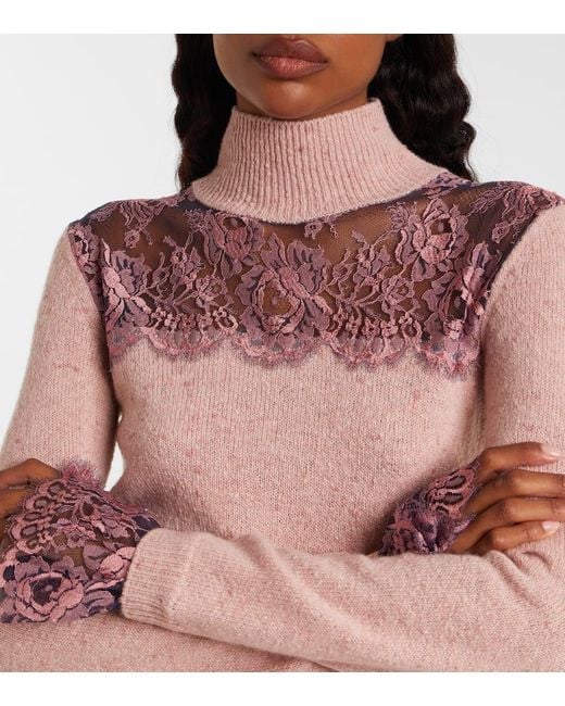 Valentino Pink Lace-Trimmed Wool-Blend Sweater