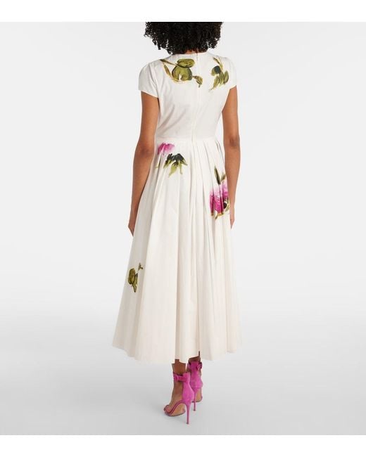 Oscar de la Renta White Floral Cotton-Blend Poplin Midi Dress