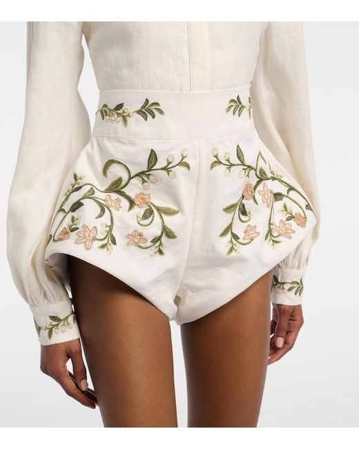Agua Bendita Natural Gatti Embroidered Linen Shorts