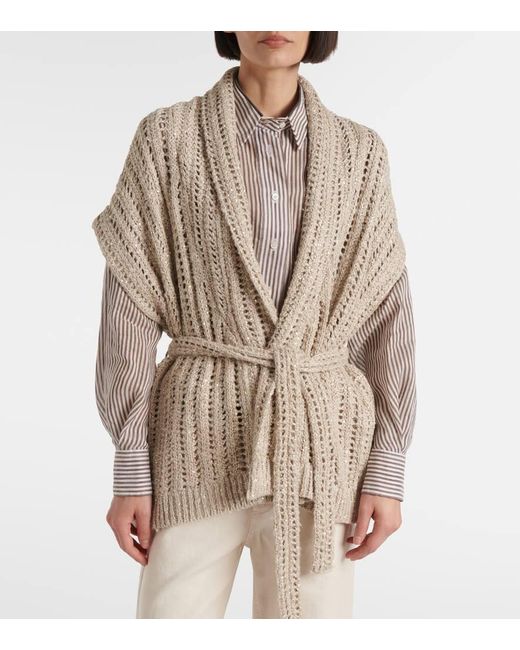 Brunello Cucinelli Natural Dazzling Silk And Linen-Blend Wrap Cardigan