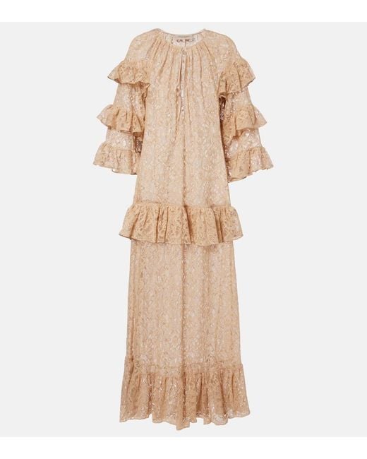 Adriana Degreas Natural Ruffled Lace Maxi Dress