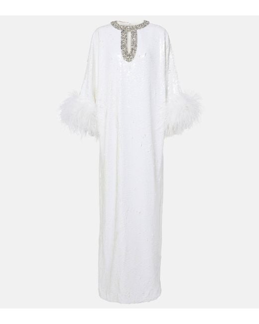 Self-Portrait White Feather-trimmed Embellished Maxi Dress