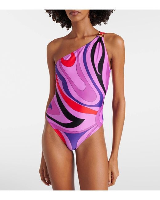 Emilio Pucci Pink Pucci Marmo Print One-shoulder Swimsuit