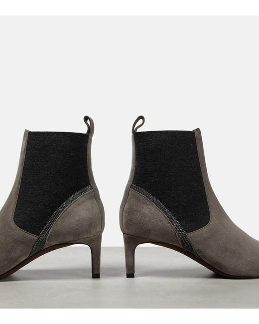 Brunello Cucinelli Black Embellished Suede Ankle Boots