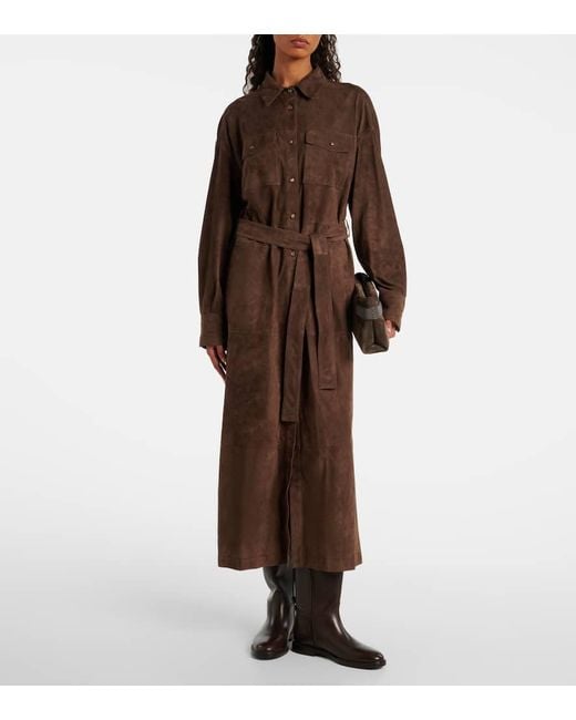 Vestido Camisero De Ante Con Cuentas Monili Brunello Cucinelli de color Brown