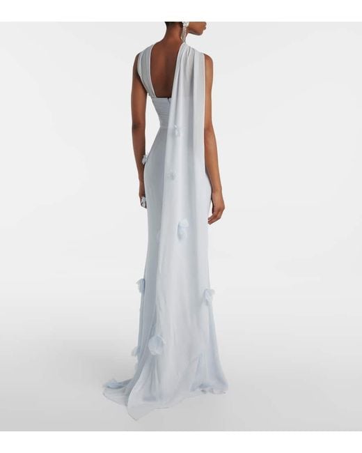 Self-Portrait White Floral-Applique Silk-Detail Georgette Gown