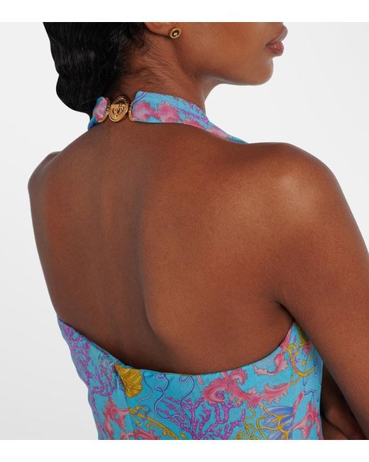 Vestido De Fiesta Estampado Con Cuello Halter Versace de color Blue