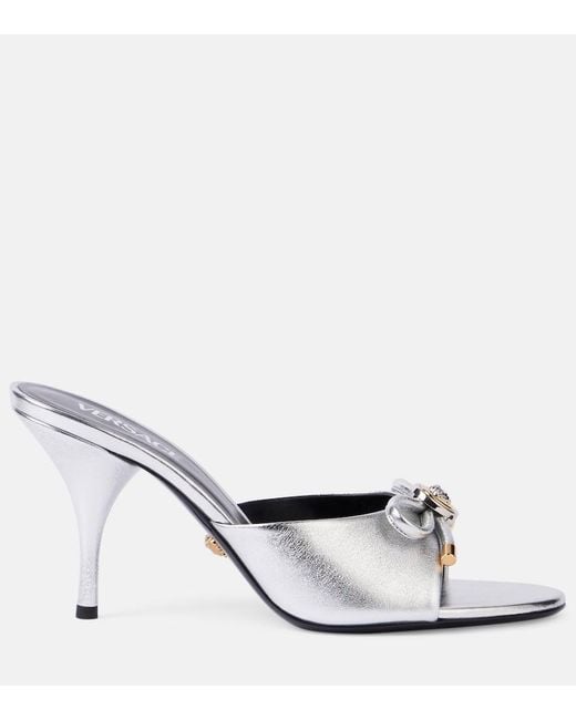 Versace White Opera Bow 85 Metallic Leather Mules