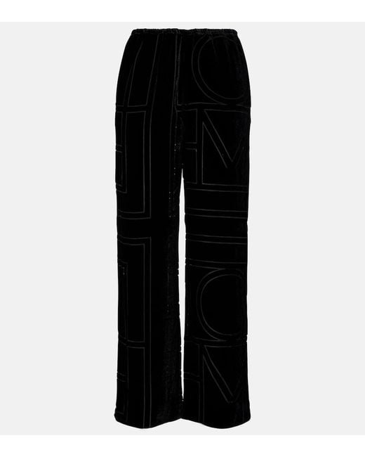 Totême Black Logo Velvet Wide-Leg Pants
