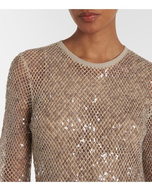 Brunello Cucinelli Natural Paillette Net Knit Long-Sleeve Maxi Dress