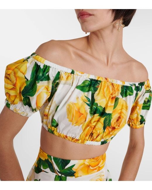 Dolce & Gabbana Metallic Floral Off-shoulder Cotton Crop Top
