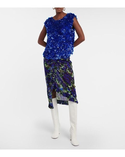 Dries Van Noten Blue Floral Ruffle-Trimmed Satin Midi Skirt
