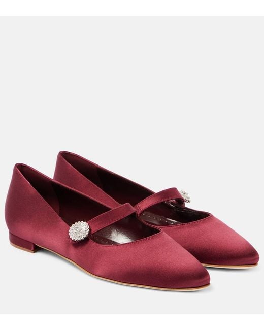 Manolo Blahnik Red Marijanaflat Embellished Mary Jane Flats