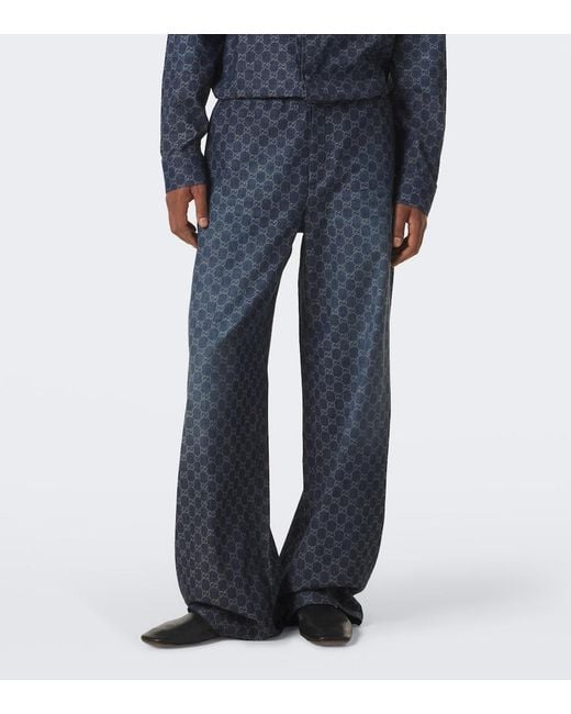 Gucci Blue Gg Cotton Chambray Jacquard Wide-Leg Pants for men