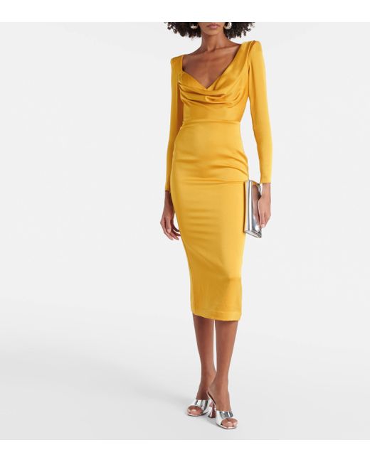 Alex Perry Yellow Draped Satin Crepe Midi Dress