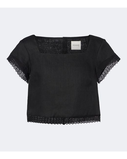 Posse Black Alfie Cropped Embroidered Linen Top