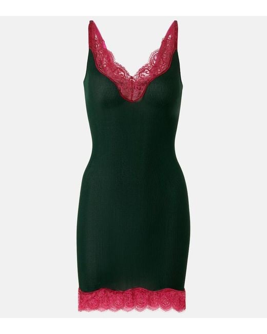 Vestido Lencero De Jersey De Seda Con Encaje Saint Laurent de color Green
